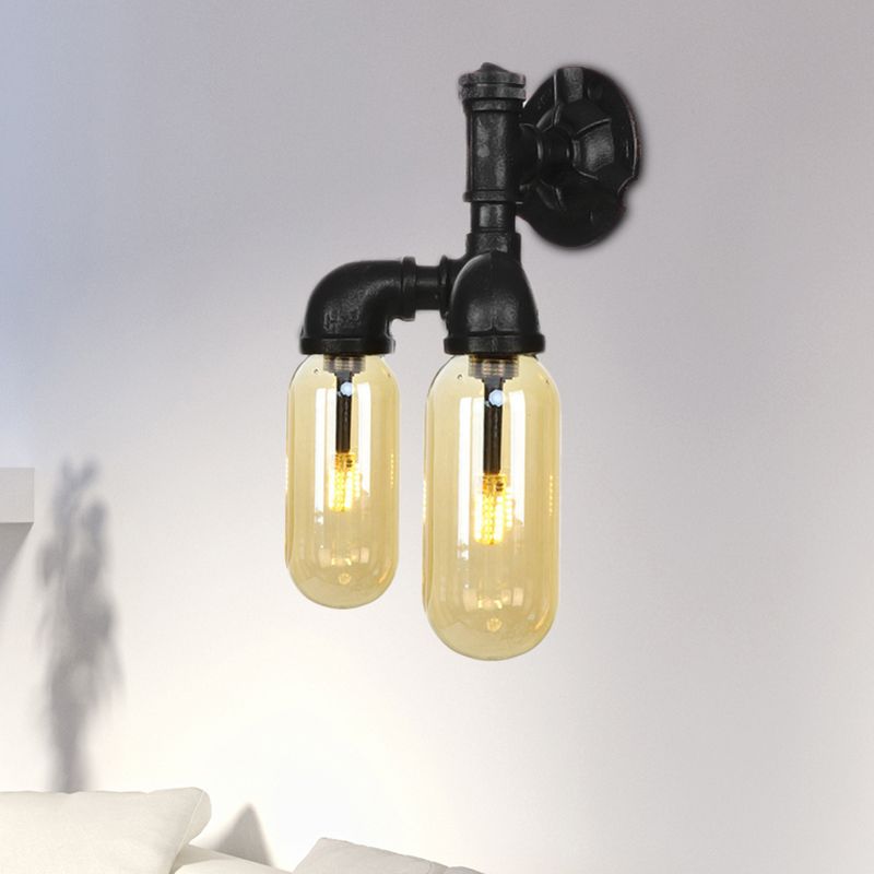 Amber Glass Black Sconce Light Capsule 2 Light Industrial Wall Mounted Pipe Light for Living Room