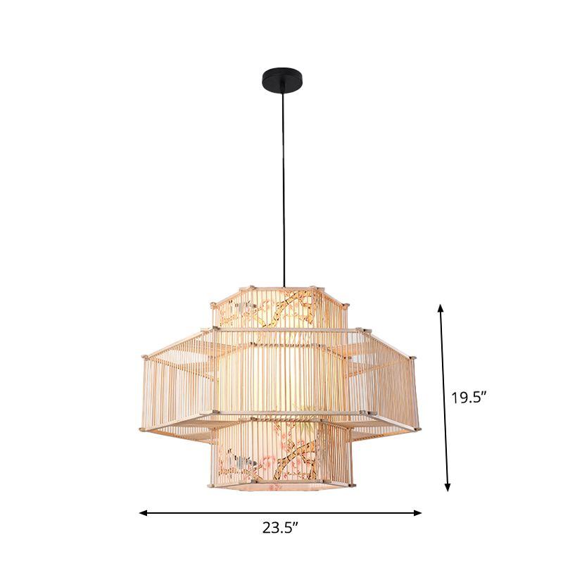 Bambou Cylinder / Lantern / Drum Pendant style japonais 1 ampoule plafond suspendu en beige pour le restaurant