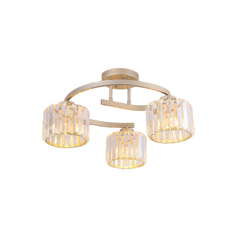 Crystal Prism Cup Semi Flush Chandelier Contemporary 3 Heads slaapkamer plafondmontage lamp met goud gebogen arm
