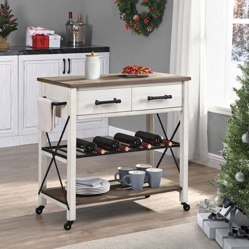 Solid Wood Kitchen Island Modern Rolling Kitchen Trolley with Towel Rack