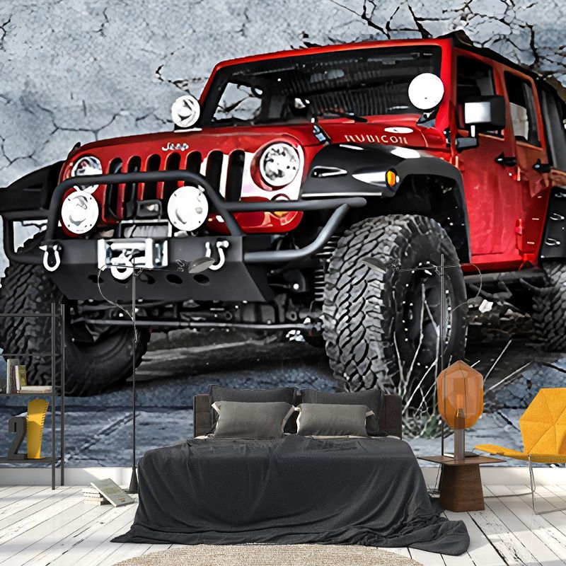 Whole Jeep Wall Art for Coffee Shop Cement Wall Mural in Grey and Red, Stain-Resistant