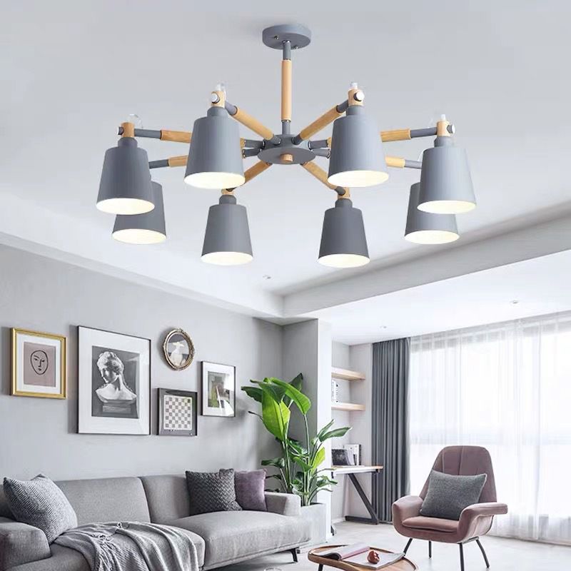 Cone Shade Metal Hanging Lamp Macaron Style Wood Chandelier for Living Room