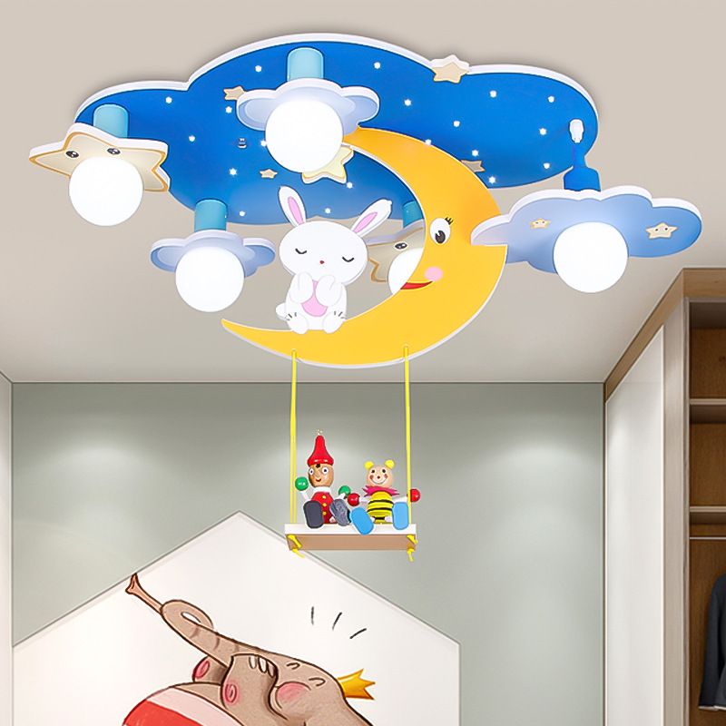 Wood Starry Sky Semi Flush Lamp Cartoon 5 Heads Pink/Blue and Yellow Flush Ceiling Light with Rabbit Deco
