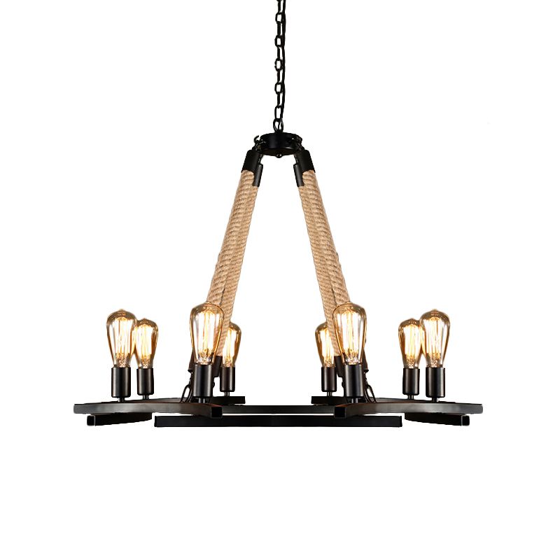 Round Metal Ceiling Lamp Traditional 8-Bulb Dining Room Pendant Chandelier in Black