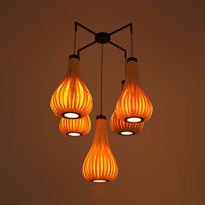 Houten fineer traan hanglampje licht Aziatische stijl 5-licht licht bruin/donkerbruin hangende verlichtingsarmatuur voor restaurant