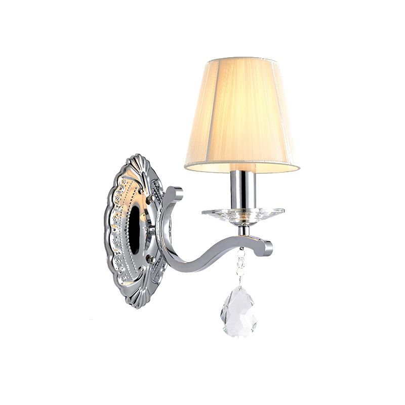 1/2-Head Pleated Fabric Wall Light Modernism Beige Cone Corner Sconce with Chrome Curving Arm