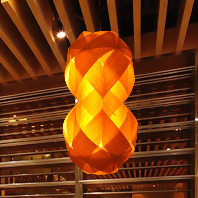 1 Bulb Hand Woven Pendant Light Chinese Wood Suspended Lighting Fixture in Beige