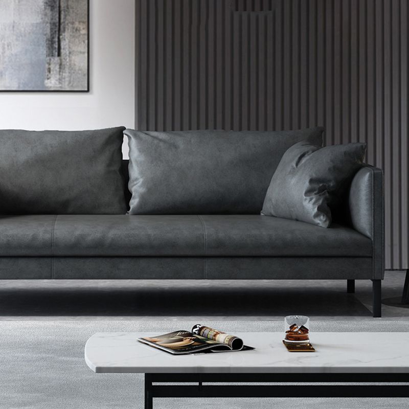 Gray/Green Leather Stationary Sofa 3-seat Tuxedo Arm Sofa with Pillows
