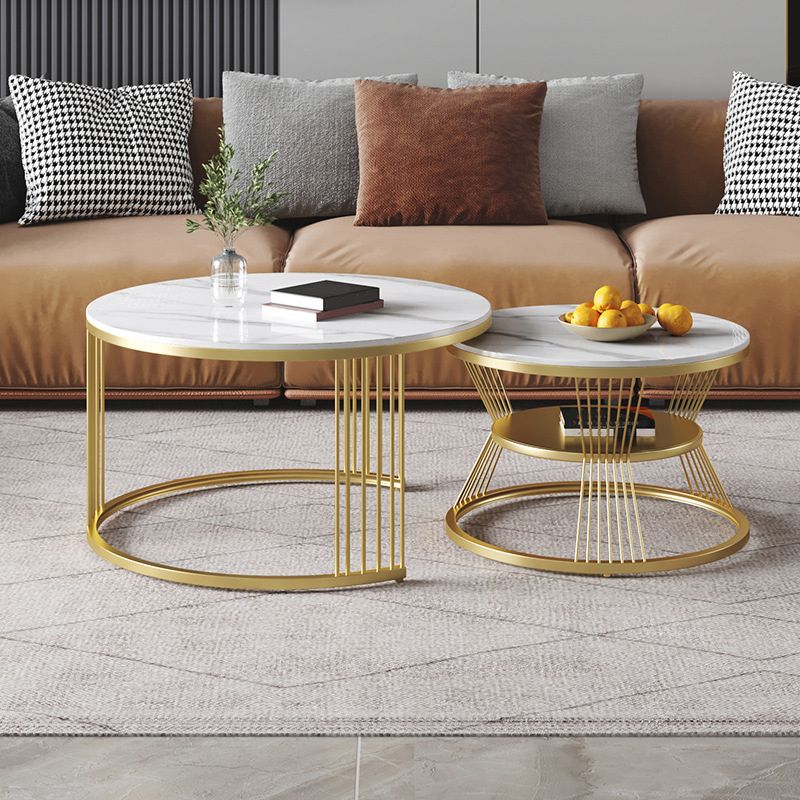 Round White Slate Coffee Table with Shelf Frame Base 2 Nestling Cocktail Table
