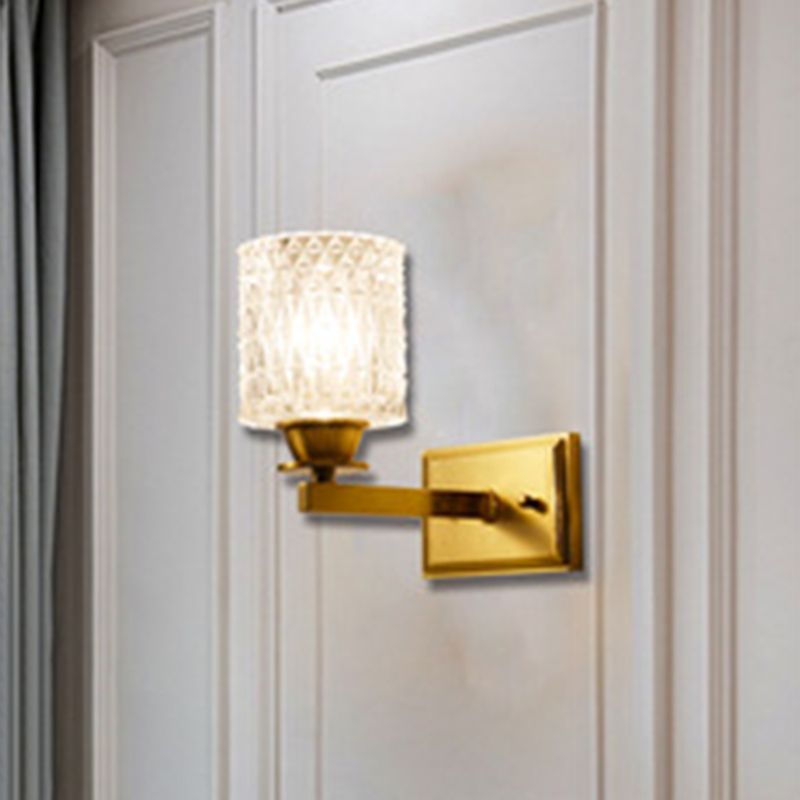Cylinder Shaped Wall Light Fixture Contemporary Lattice Glass Brass Wall Lighting for Corridor