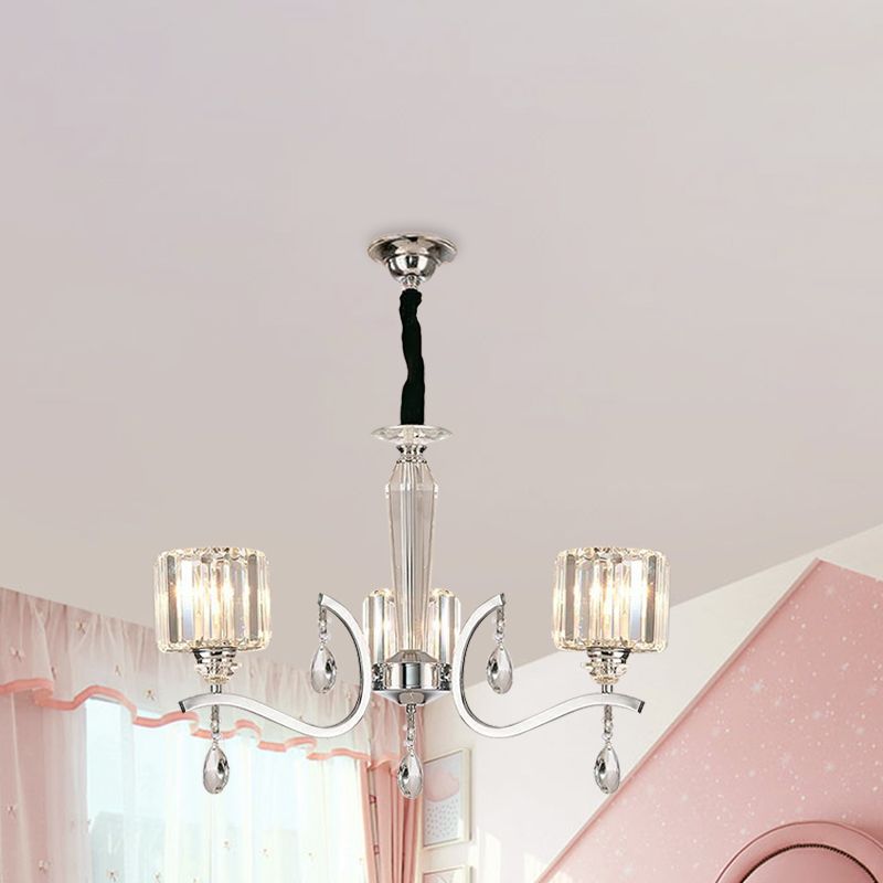 3-Bulb Chandelier Lamp Contemporary Cylindrical Crystal Hanging Light with Chrome Curved Arm