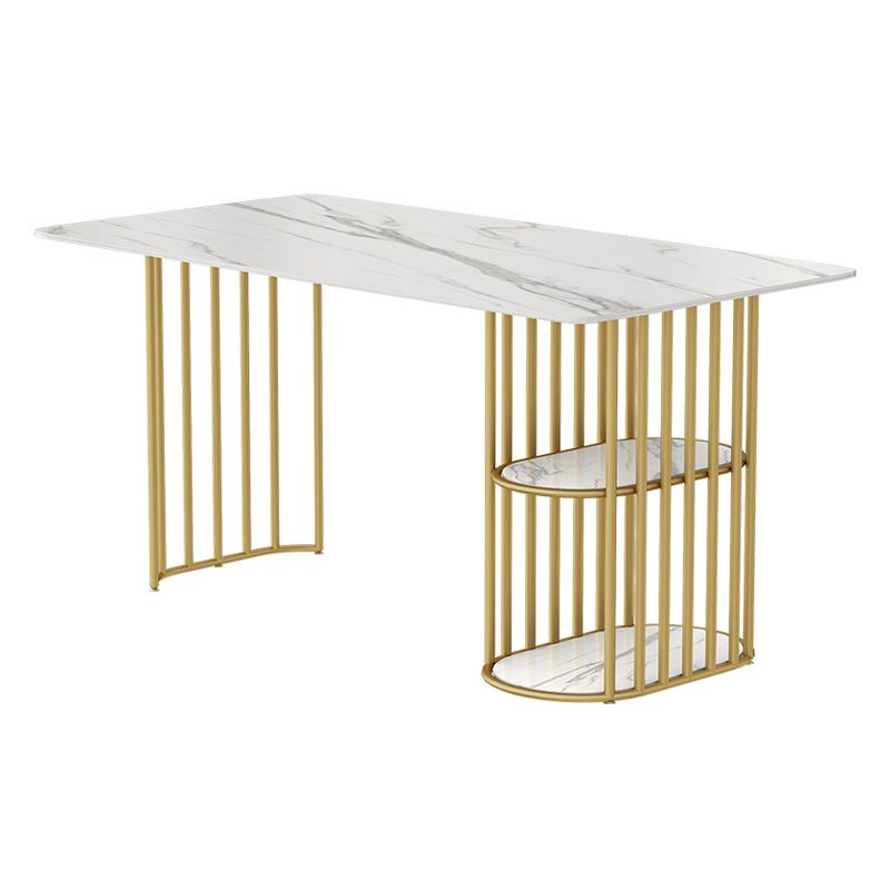 Glam Style Dining Table Metal Double Gold Pedestal Table with Storage