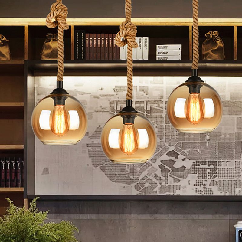 Amber/Clear Glass Ball Hanging Lighting Industrial 1 Head Restaurant Affermare lampada a sospensione con corda di corda
