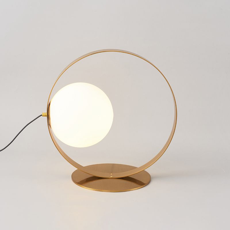 Gold Ring Table Lamp Postmodern 1 Bulb Iron Nightstand Light with Ball Opaline Glass Shade