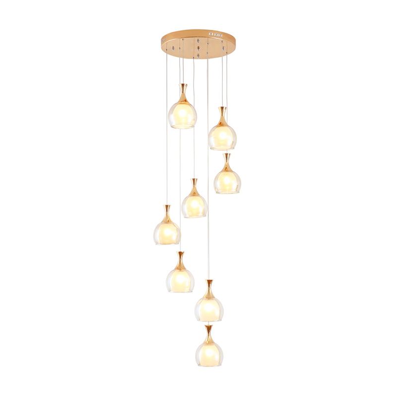 Gold 8-Bulb Ceiling Light Modernism Clear Glass Dome Multi Lamp Pendant with Round Canopy