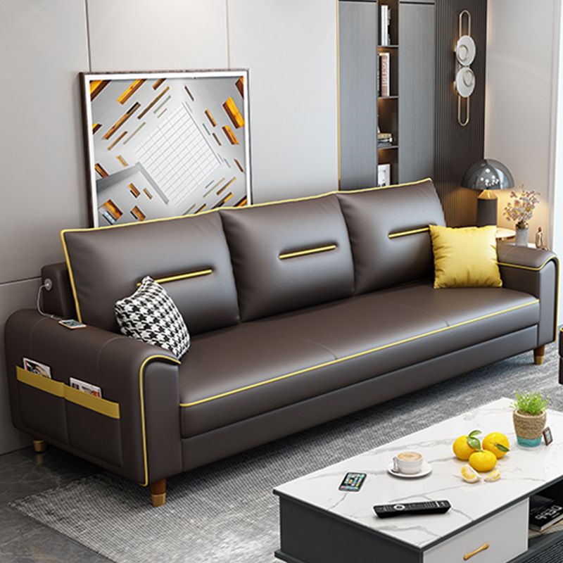 Nordic Leather Sofa with Bolster Pillows Single Cushion Seat Square Arm for Living Room