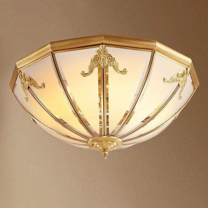 3 Lights Hemispherical Ceiling Light Fixture Colonial Style Brass Frosted White Glass Flush Mount Lamp