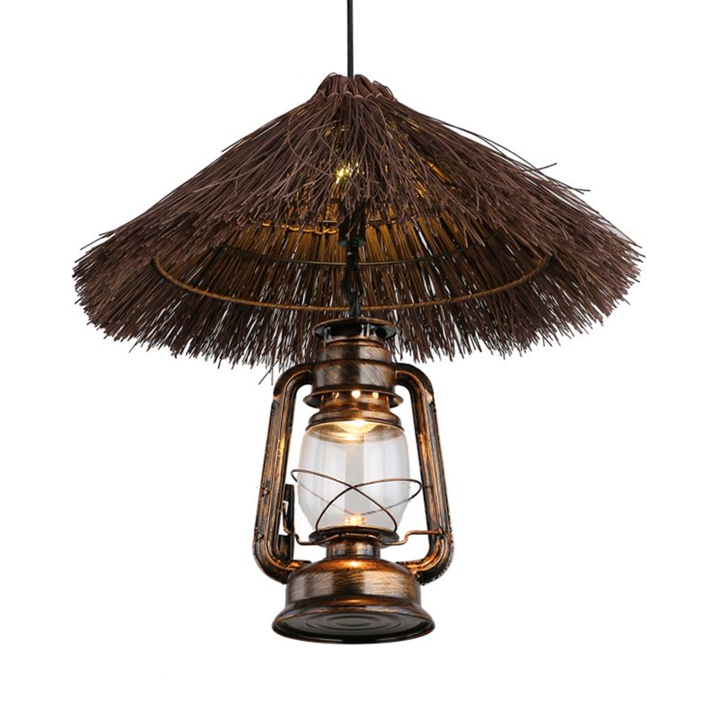 Ratán tejido a mano Light Lodge Style 1 Lámpara colgante de color marrón claro con sombra de linterna para comedor