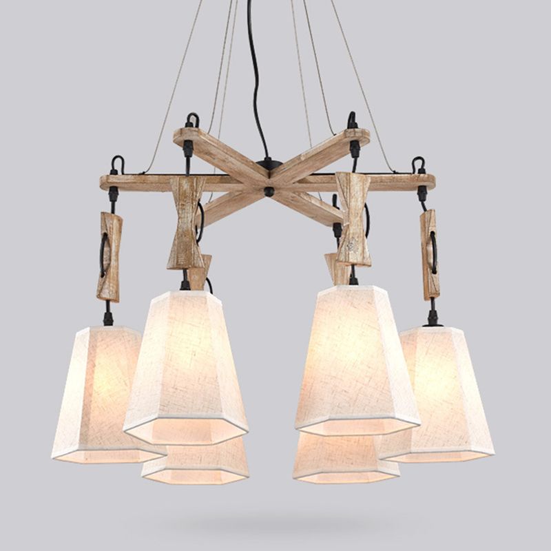 6 Heads Tapered Chandelier Lighting Industrial Black/White/Flaxen Wood Ceiling Suspension Lamp