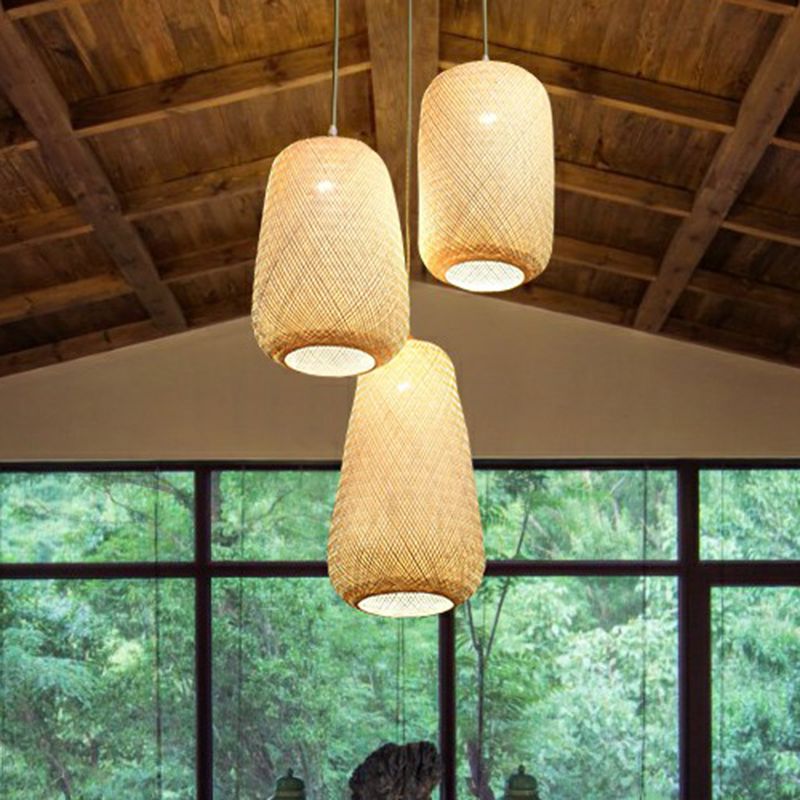 Asia Weaving Pendant Light Fixture Bamboo 1 Bulb Restaurant Ceiling Hang Lamp in Beige