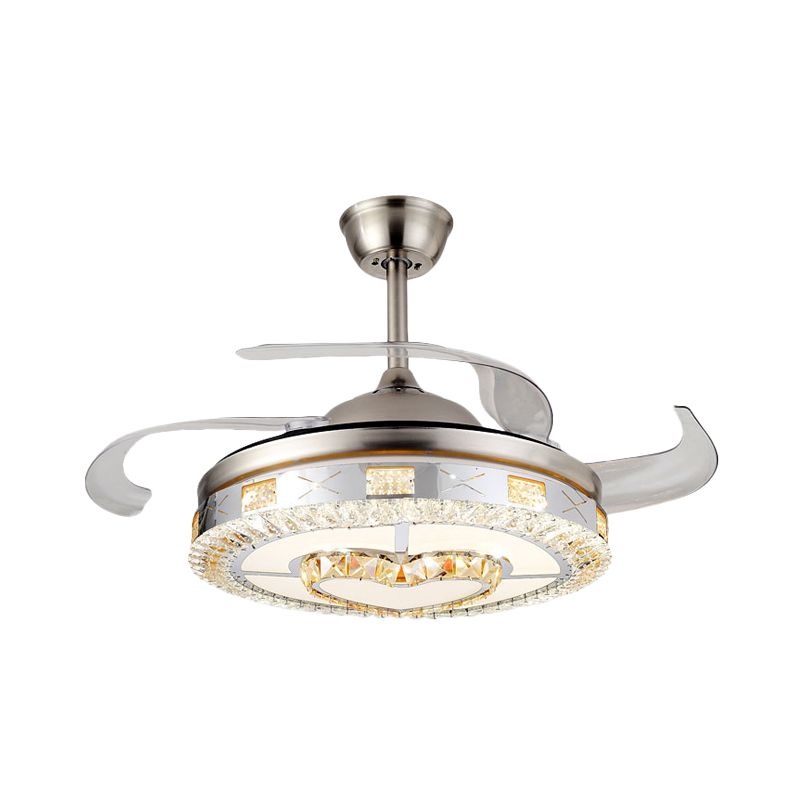 Silver 4 Blades Pendant Fan Lamp Minimalist Crystal Heart/Diamond Semi Mount Lighting, 19.5" Width