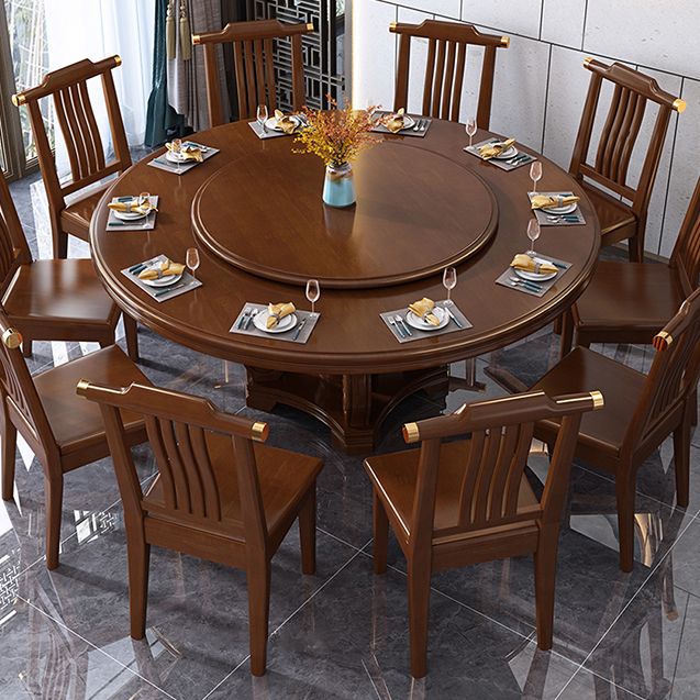 Round Solid Wood Dining Table Modern Turntable Furniture with Pedestal Base
