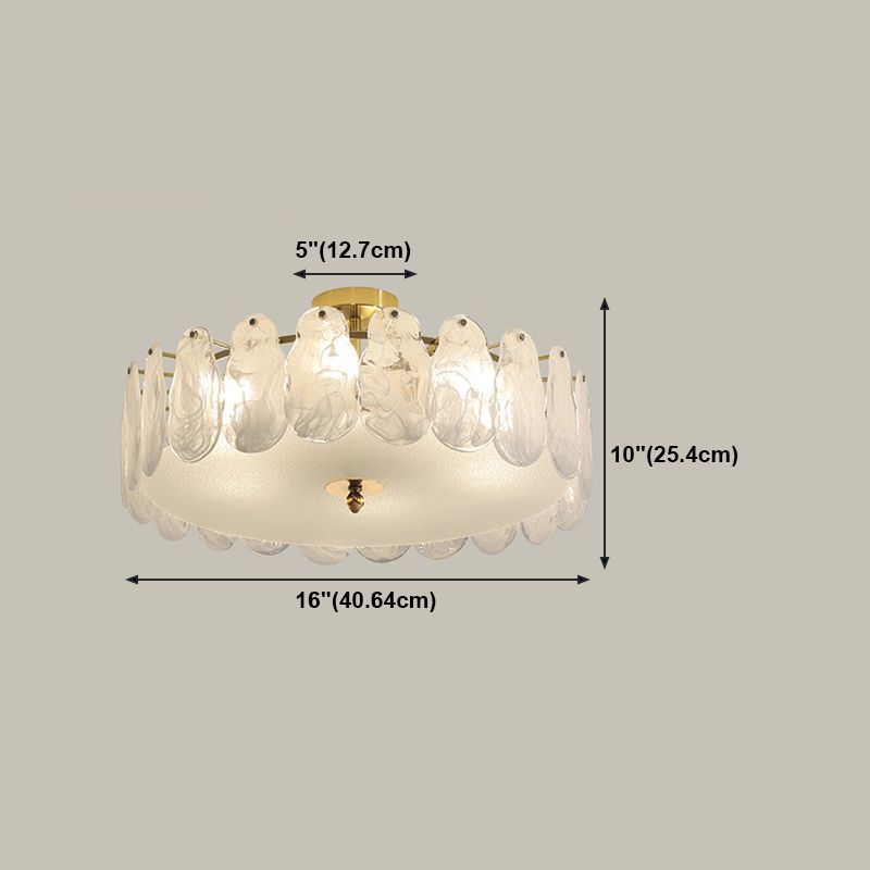 Gold Metal Semi Flush Mount Light Fixture Traditional Drum Bedroom Semi Flush Lamps with Glass Shade