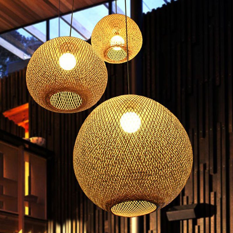 Beige Globe Pendant Light Fixture Chinese 1 Bulb Bamboo Suspension Lighting for Living Room