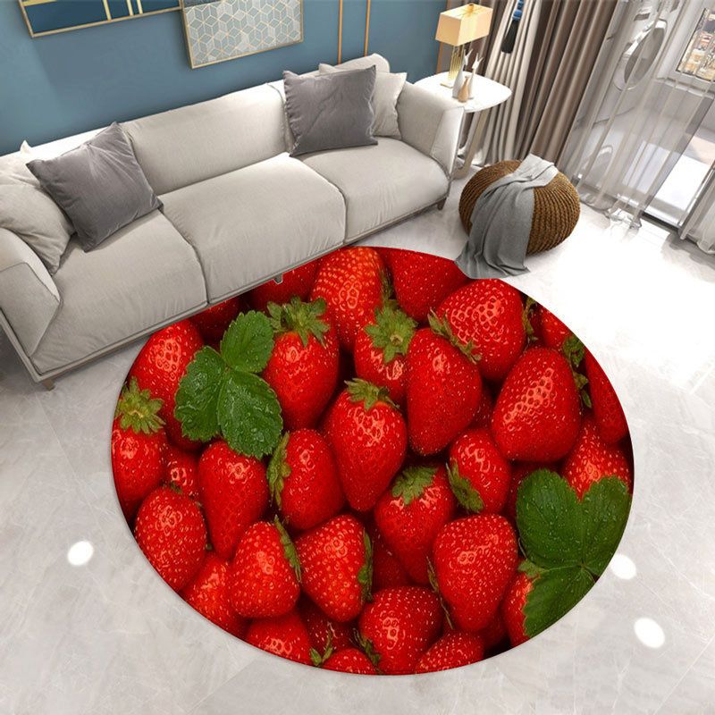 Round Strawberry Print Carpet Polyester Natural Rug Stain Resistant Area Carpet for Home Decoration
