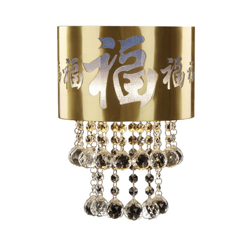 2 Heads Semi Cylinder Wall Sconce Traditional Brass Crystal Bead Wall Mounted Lamp for Bedroom