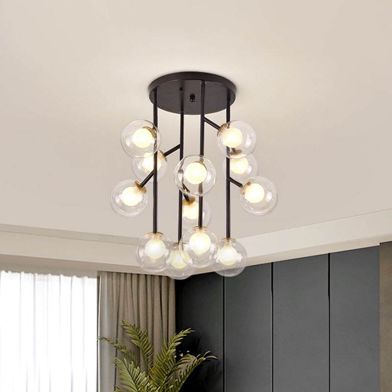 Ball Semi Mount Lighting Modern Clear Glass 9/12 Heads Living Room Close to Ceiling Lamp in Black/Gold