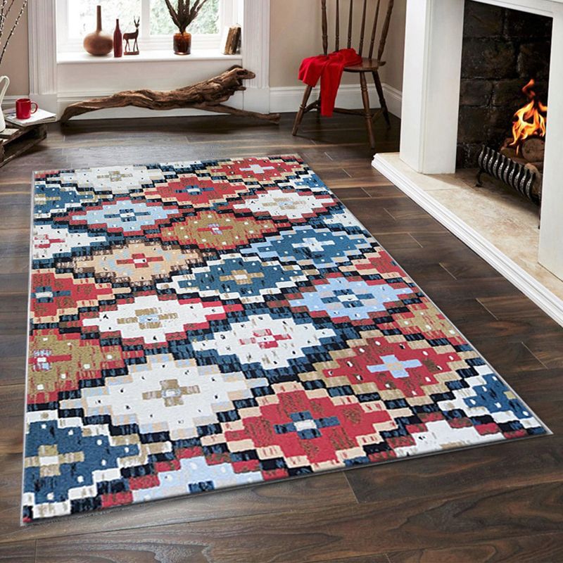 Tribal Print Indoor Rug Rectangle Moroccan Polyster Non-Slip Backing Living Room