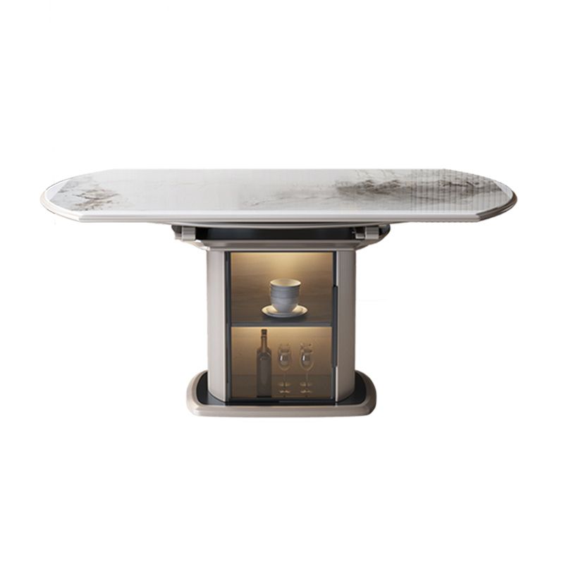 Stone Tabletop Round Extendable Dining Table in White with Storage
