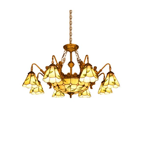 Stained Glass Cone Hanging Chandelier Tiffany 11 Lights Yellow Pendant Light