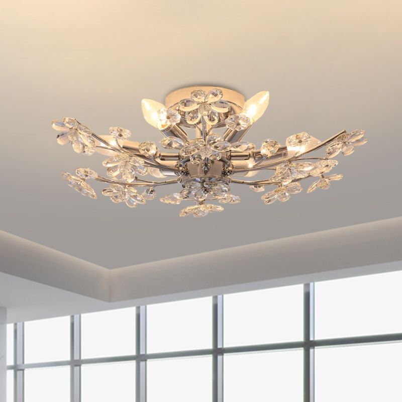 Chrome afwerking tak semi spoeling verlichting modernistische 6 lichten bloem kristal spoeling mount