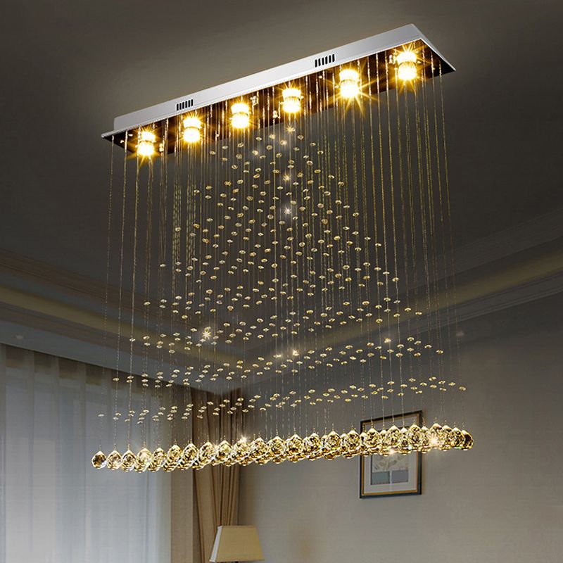 6-Bulb Triangular Flushmount Light Contemporary Stainless Steel Crystal Flush Mount Ceiling Lamp over Table