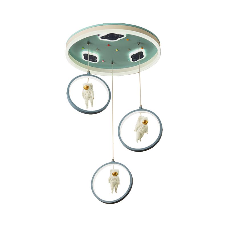 Blue Circular Hanging Lighting Cartoon LED Acrylic Suspension Pendant with Astronaut Deco