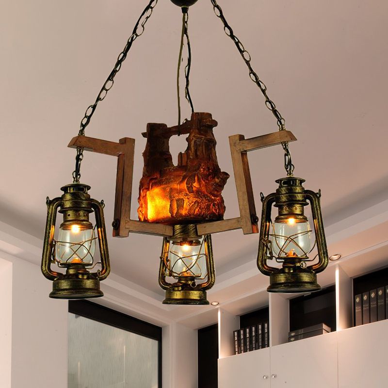Loft Style Lantern Pendant Light 3 Lights Metal Aged Brass Chandelier for Restaurant