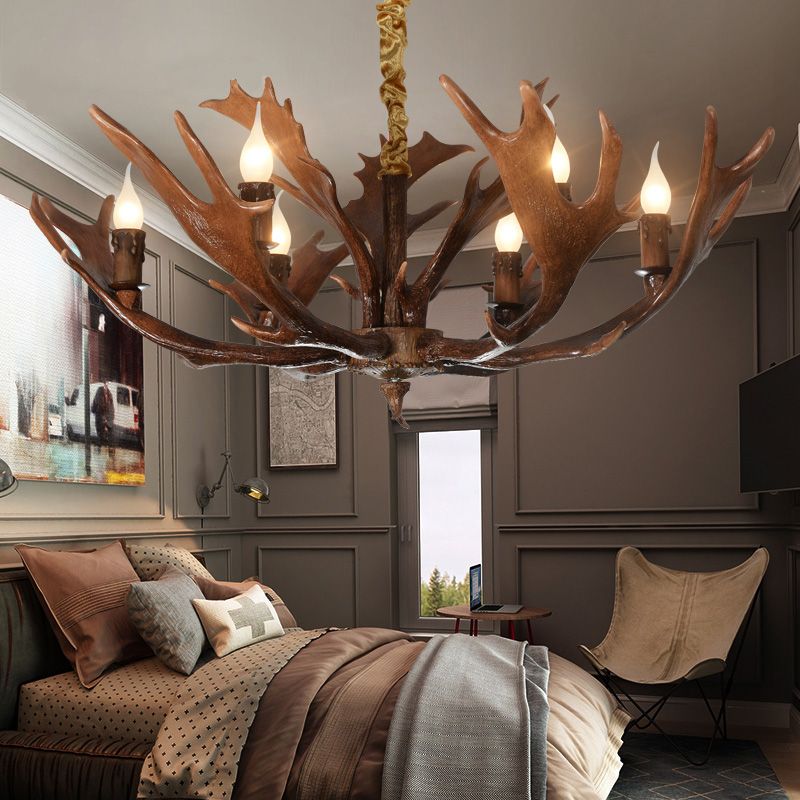 Candle Shape Bedroom Hanging Lamp Traditional Resin 6-Bulb Brown Chandelier Pendant Light with Antler