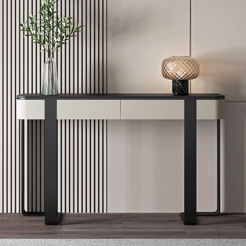 Modern Half Moon Console Table Stone Console Sofa Table in Gold/Grey