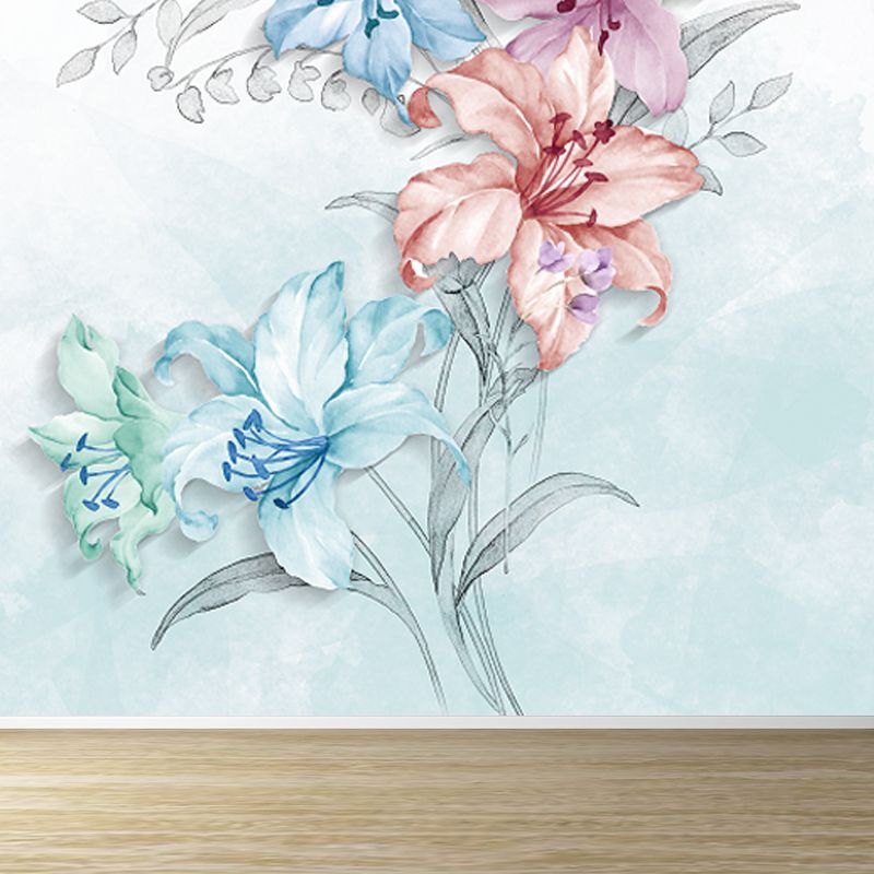 Stylish Blooming Lilies Wallpaper Mural Blue and Pink Flower Wall Decor for Bedroom