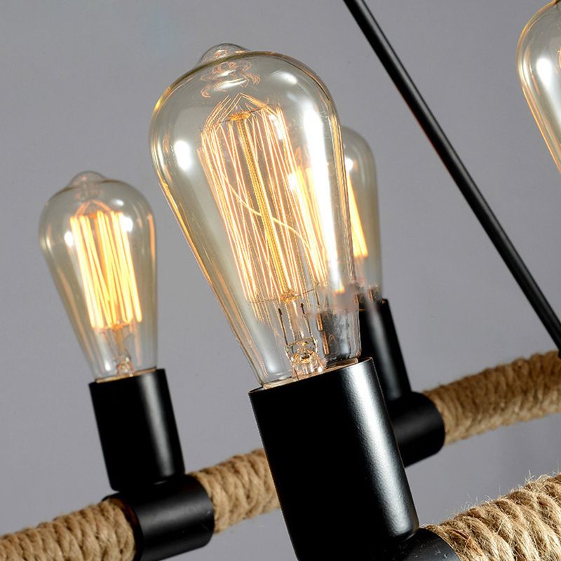 Rectangular Hemp Rope Island Lamp Industrial 10-Light Dining Room Suspension Light