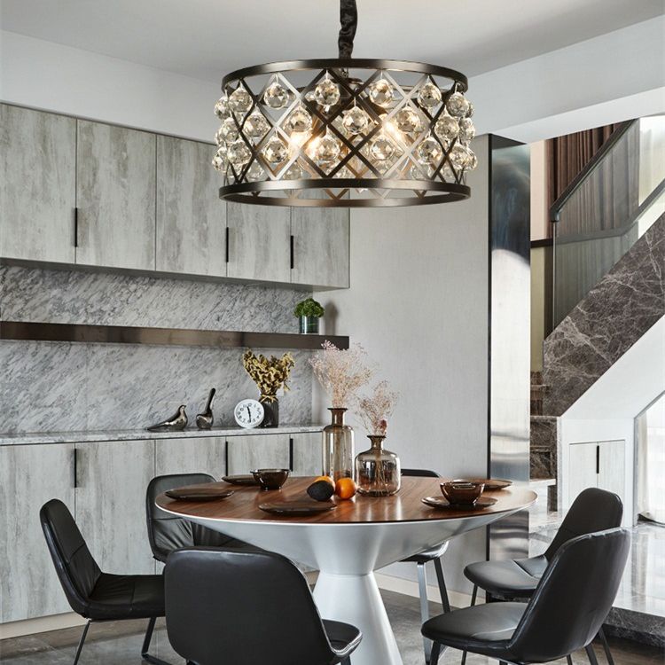 Drum Living Room Suspended Lighting Fixture Crystal Encrusted Modern Ceiling Suspension Lamp in Black