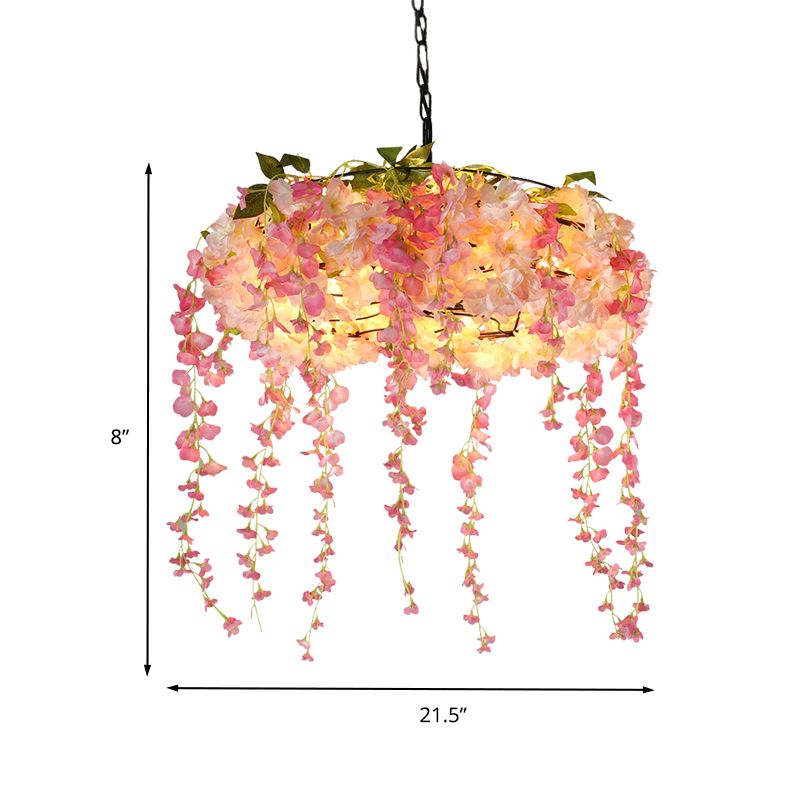 Pink 5 Lights Chandelier Lighting Vintage Metal Floral Hanging Pendant Light for Restaurant