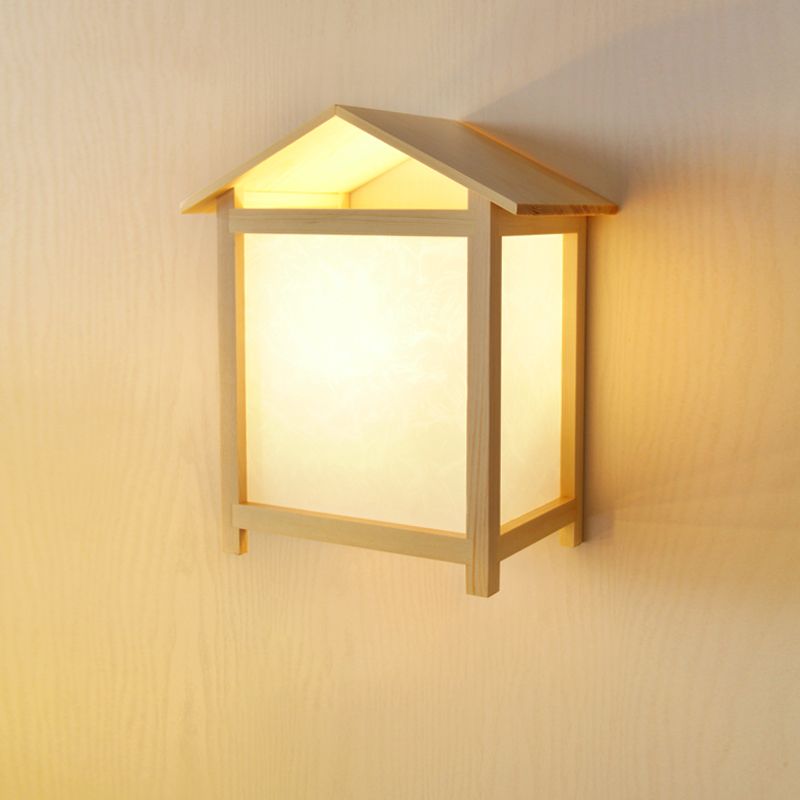 Japanese-Style 1 Light Sconce Lamp Fixture with Parchmyn Shade Wood House Shape Wall Light