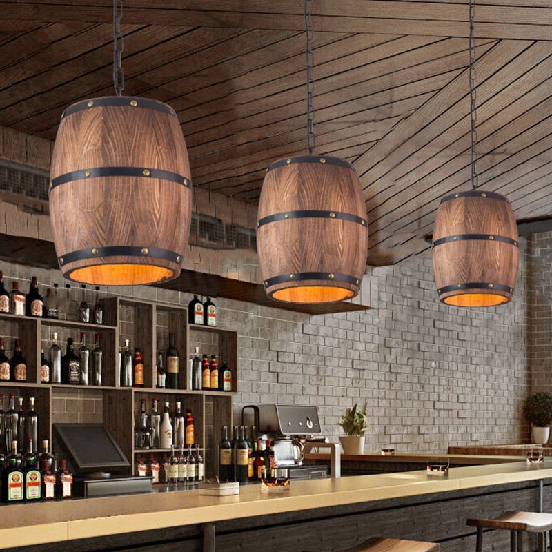 Brown 1 Light Drop Pendant Industrial Wood Bucket Hanging Lights for Bar