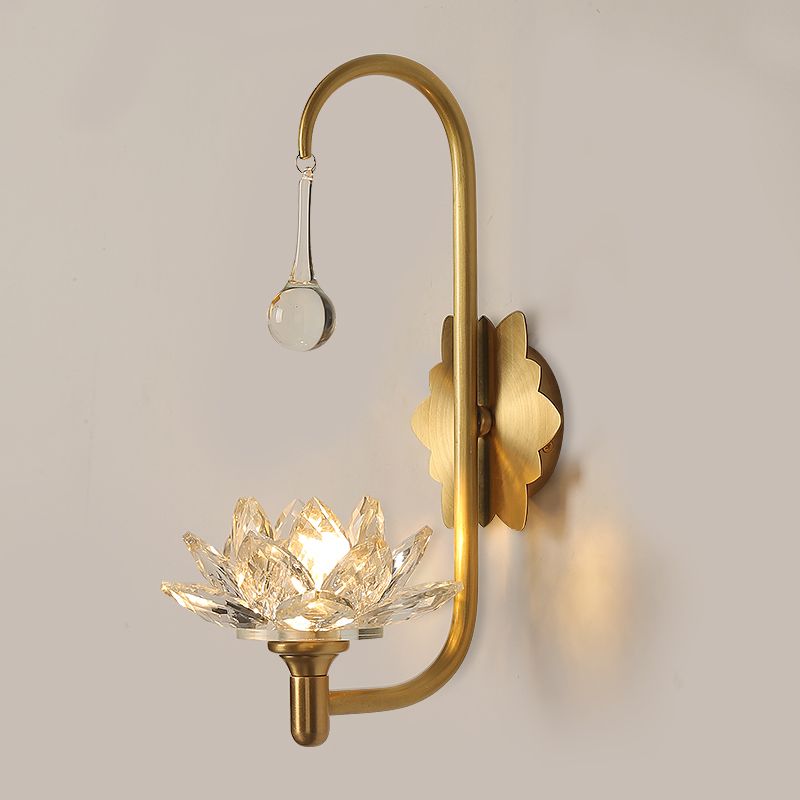 Lotus Living Room Wall Sconce Luxurious Clear Crystal 1 Head Brass Wall Lamp with Gooseneck Arm