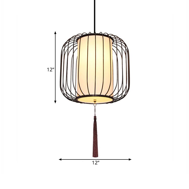 12"/14" Wide Fabric Lantern Pendant Lamp Classic 1 Light Living Room Hanging Light Kit in White