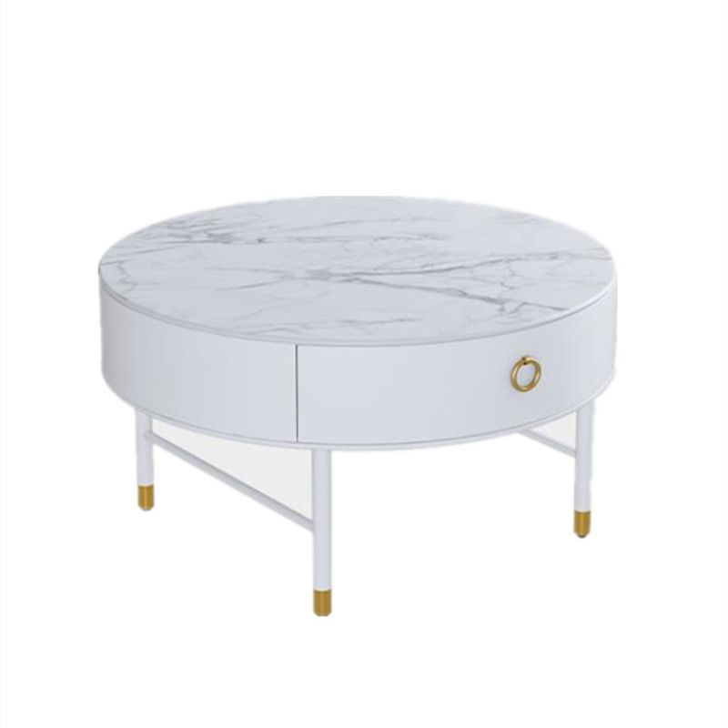 Round Slate Top Cocktail Table 1-Drawer 4 Legs Coffee Table in White of 17.7" H