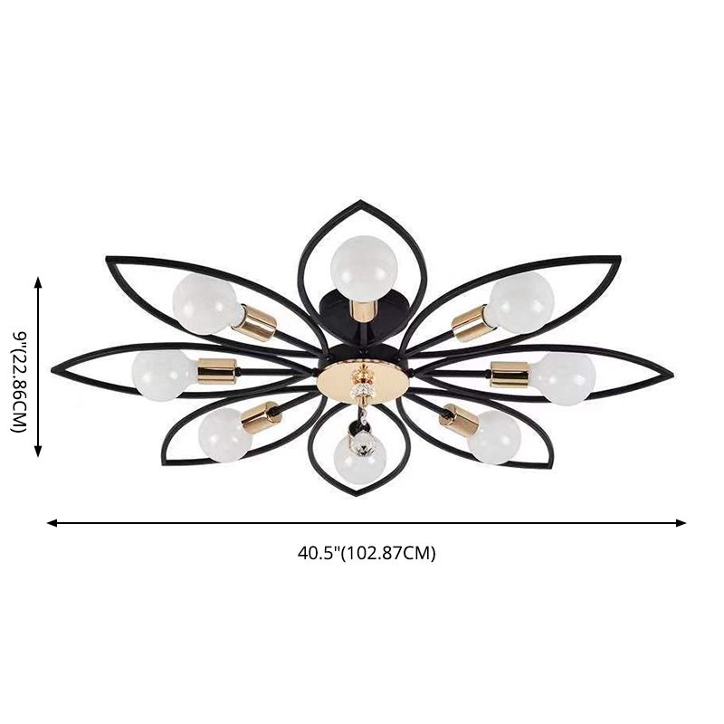 Floriated Semi Flush Mount in Industrial Retro Style Bare Bulb Metal Ceiling Light in Black